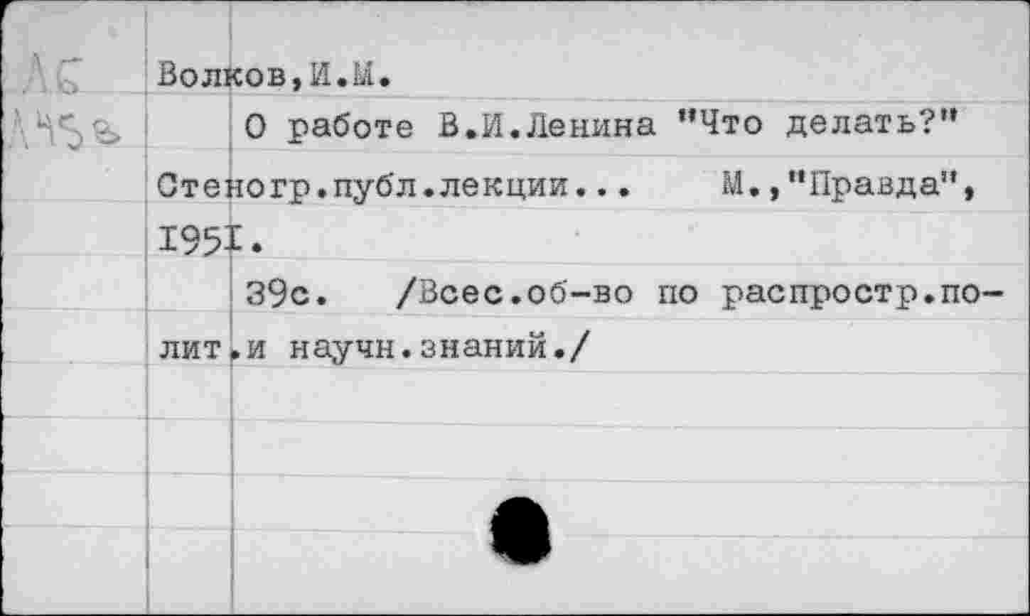 ﻿Волков,И.М.
' Н'Зо О работе В.И.Ленина ’’Что делать?” Стейогр.публ.лекции...	М.,"Правда”,
1951.
39с.	/Всес.об-во по распростр.по-
лит, и научи.знаний./